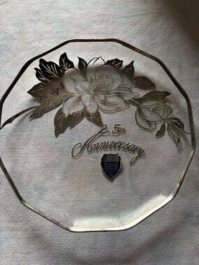 Rockwell 25th Anniversary Decorative Glass Plate With Sterling Silver Floral Des